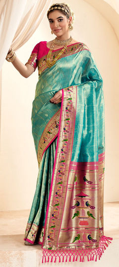 Blue color Saree in Tissue fabric with Weaving, Zari work