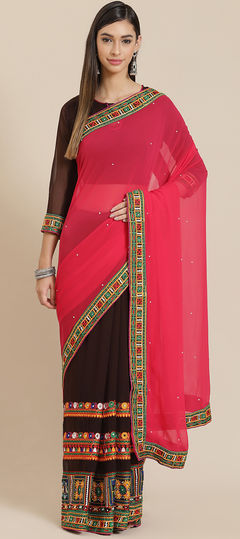 Beige and Brown, Pink and Majenta color Saree in Faux Georgette fabric with Embroidered, Thread work