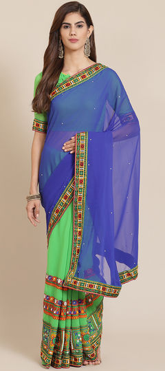 Blue, Green color Saree in Faux Georgette fabric with Embroidered, Thread work