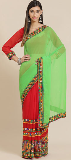 Green, Red and Maroon color Saree in Faux Georgette fabric with Embroidered, Thread work