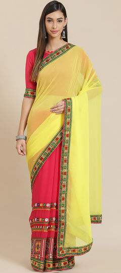 Yellow color Saree in Georgette fabric with Embroidered, Resham, Thread work