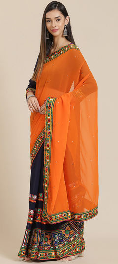 Orange color Saree in Georgette fabric with Embroidered, Resham, Thread work