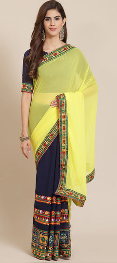 Yellow color Saree in Georgette fabric with Embroidered, Resham, Thread work