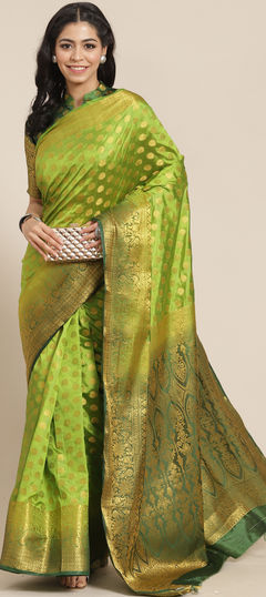 Green color Saree in Silk cotton fabric with Weaving, Zari work