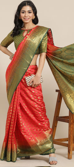 Red and Maroon color Saree in Silk cotton fabric with Weaving, Zari work