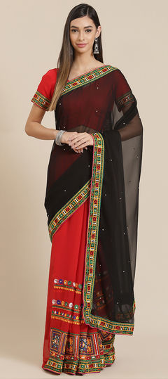 Red and Maroon color Saree in Georgette fabric with Embroidered, Mirror, Resham, Thread work