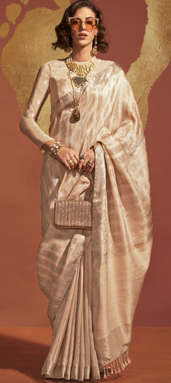 Beige and Brown color Saree in Viscose fabric with Weaving, Zari work