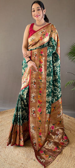 Green color Saree in Silk fabric with Weaving, Zari work
