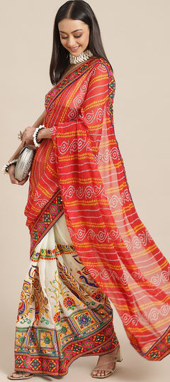 Red and Maroon, White and Off White color Saree in Georgette fabric with Bandhej, Embroidered, Printed, Thread work