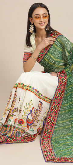 Green, White and Off White color Saree in Georgette fabric with Bandhej, Embroidered, Printed, Thread work