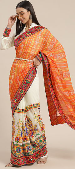 Orange, White and Off White color Saree in Georgette fabric with Bandhej, Embroidered, Printed, Thread work