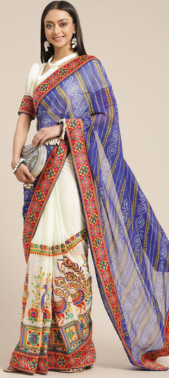 Festive, Party Wear, Reception Blue, White and Off White color Saree in Georgette fabric with Classic Bandhej, Embroidered, Printed, Thread work : 1939596