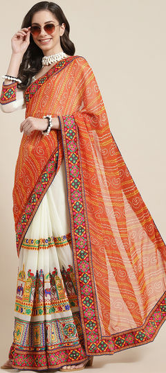 Orange, White and Off White color Saree in Georgette fabric with Bandhej, Embroidered, Printed, Resham, Thread work