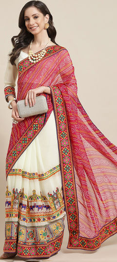 Pink and Majenta, White and Off White color Saree in Georgette fabric with Bandhej, Embroidered, Printed, Resham, Thread work