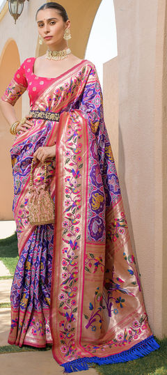 Purple and Violet color Saree in Banarasi Silk, Silk fabric with Printed, Weaving, Zari work