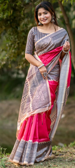 Pink and Majenta color Saree in Tussar Silk fabric with Printed work