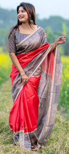 Red and Maroon color Saree in Tussar Silk fabric with Printed work