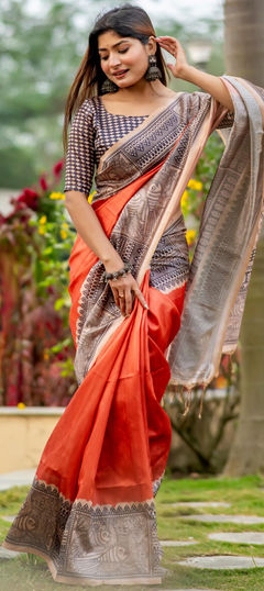 Orange color Saree in Tussar Silk fabric with Printed work