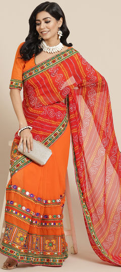 Festive, Reception Orange color Saree in Georgette fabric with Classic Bandhej, Embroidered, Printed, Resham, Thread work : 1939687