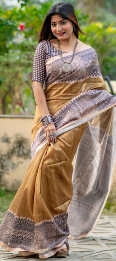 Beige and Brown color Saree in Tussar Silk fabric with Printed work