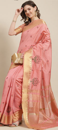 Pink and Majenta color Saree in Silk cotton fabric with Embroidered, Resham, Thread work