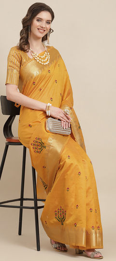 Yellow color Saree in Silk cotton fabric with Embroidered, Resham, Thread work