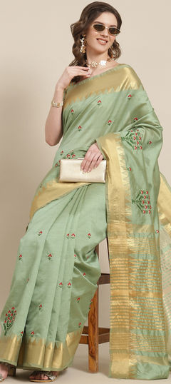 Green color Saree in Silk cotton fabric with Embroidered, Resham, Thread work