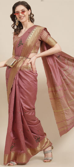 Pink and Majenta color Saree in Silk cotton fabric with Embroidered, Resham, Thread work