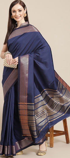 Party Wear, Traditional Blue color Saree in Silk cotton fabric with Bengali Weaving work : 1939728