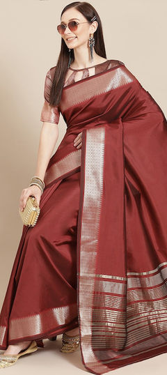 Party Wear, Traditional Red and Maroon color Saree in Silk cotton fabric with Bengali Weaving work : 1939733