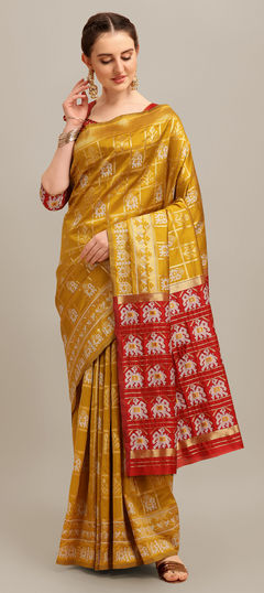 Yellow color Saree in Banarasi Silk fabric with Printed work