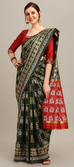 Green color Saree in Banarasi Silk fabric with Printed work