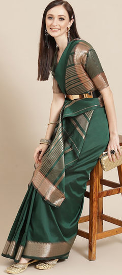 Party Wear, Traditional Green color Saree in Silk cotton fabric with Bengali Weaving work : 1939741