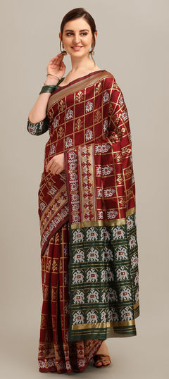 Red and Maroon color Saree in Banarasi Silk fabric with Printed work