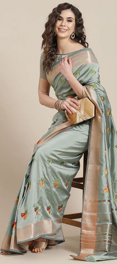 Blue color Saree in Silk cotton fabric with Embroidered, Thread work