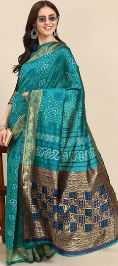 Party Wear, Traditional Blue color Saree in Silk cotton fabric with South Weaving, Zari work : 1939765