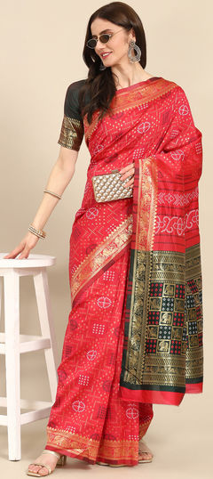 Party Wear, Traditional Pink and Majenta color Saree in Silk cotton fabric with South Weaving, Zari work : 1939768