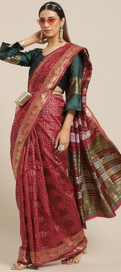 Party Wear, Traditional Red and Maroon color Saree in Silk cotton fabric with South Weaving, Zari work : 1939775