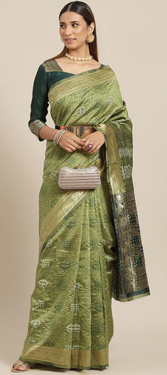 Party Wear, Traditional Green color Saree in Silk cotton fabric with South Weaving, Zari work : 1939777