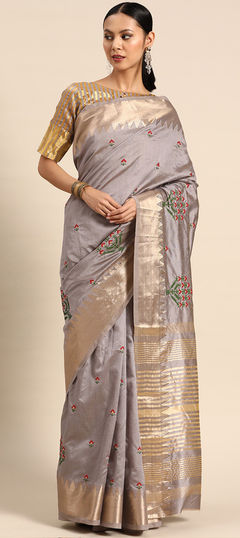 Black and Grey color Saree in Silk cotton fabric with Embroidered, Resham, Weaving, Zari work