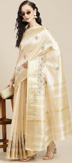 White and Off White color Saree in Silk cotton fabric with Embroidered, Resham, Thread work