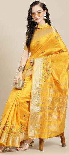 Yellow color Saree in Silk cotton fabric with Embroidered, Resham, Thread work