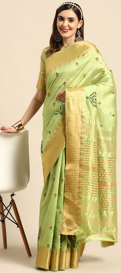 Festive, Reception, Traditional Green color Saree in Silk cotton fabric with Bengali Embroidered, Resham, Weaving, Zari work : 1939784