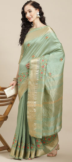 Party Wear, Traditional Green color Saree in Silk cotton fabric with Bengali Embroidered, Resham, Thread work : 1939786