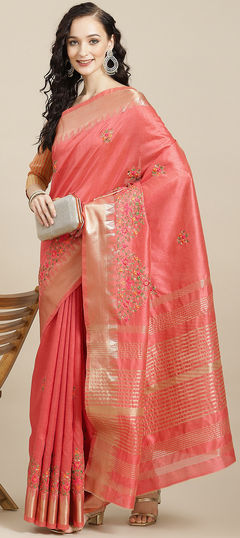 Pink and Majenta color Saree in Silk cotton fabric with Embroidered, Resham, Thread work