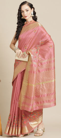 Pink and Majenta color Saree in Silk cotton fabric with Embroidered, Resham, Thread work