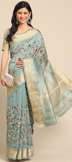 Blue color Saree in Silk cotton fabric with Embroidered, Resham, Thread work