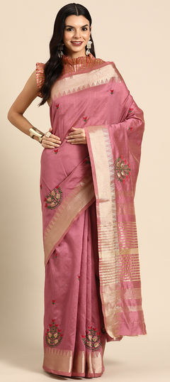 Pink and Majenta color Saree in Silk cotton fabric with Embroidered, Thread, Weaving, Zari work