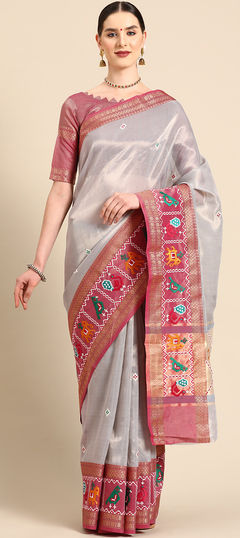 Black and Grey color Saree in Organza Silk fabric with Embroidered, Thread, Weaving, Zari work