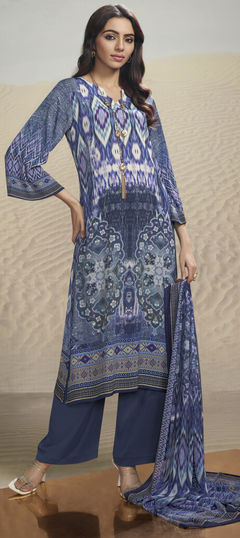 Blue color Salwar Kameez in Crepe Silk fabric with Digital Print work